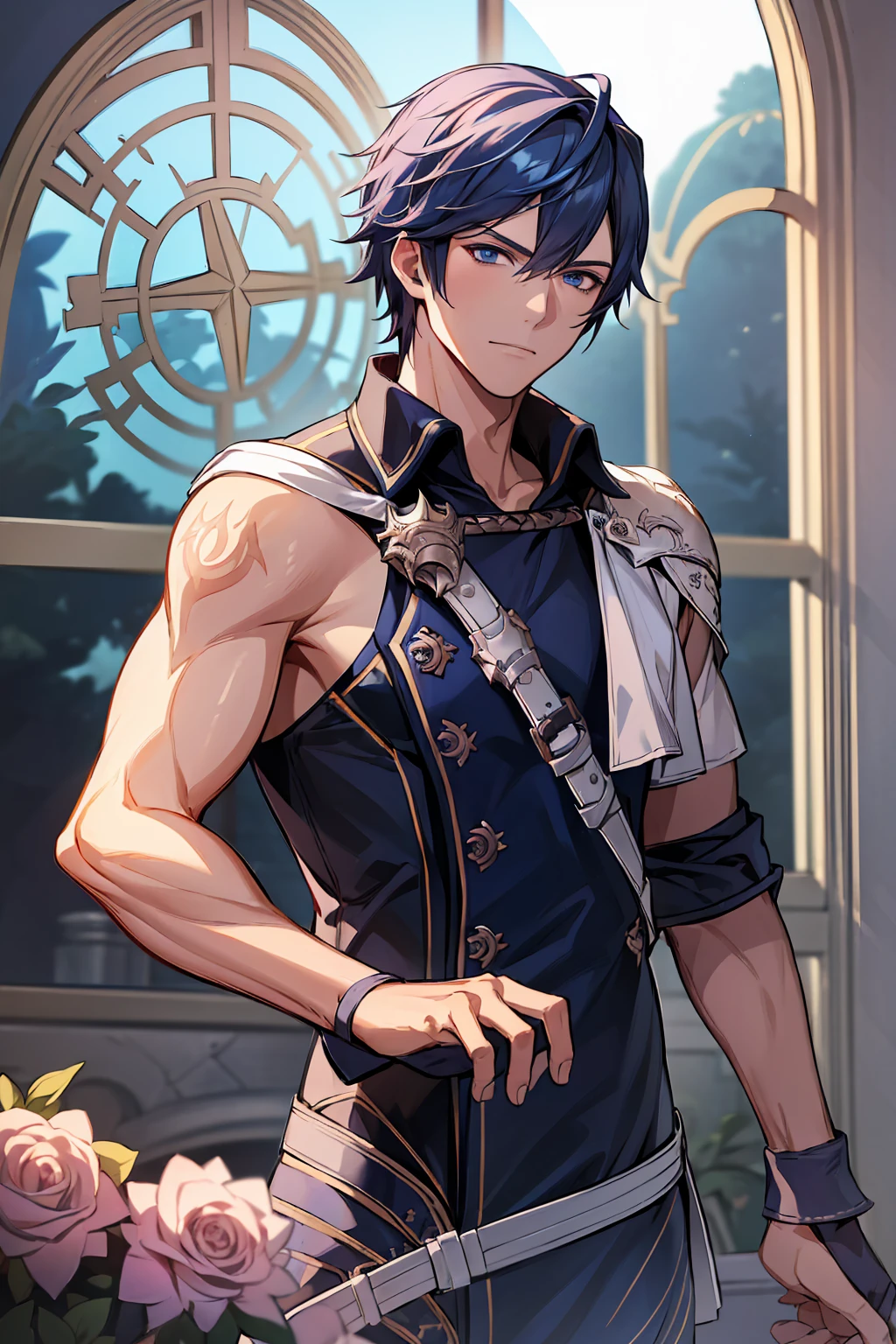 (absurdres, highres, ultra detailed, HDR), masterpiece, best quality, Chrom, 1man, solo, handsome, dark blue hair, vibrant blue eyes, finely eye and detailed face, fire emblem awakening, window, red curtains, pink roses