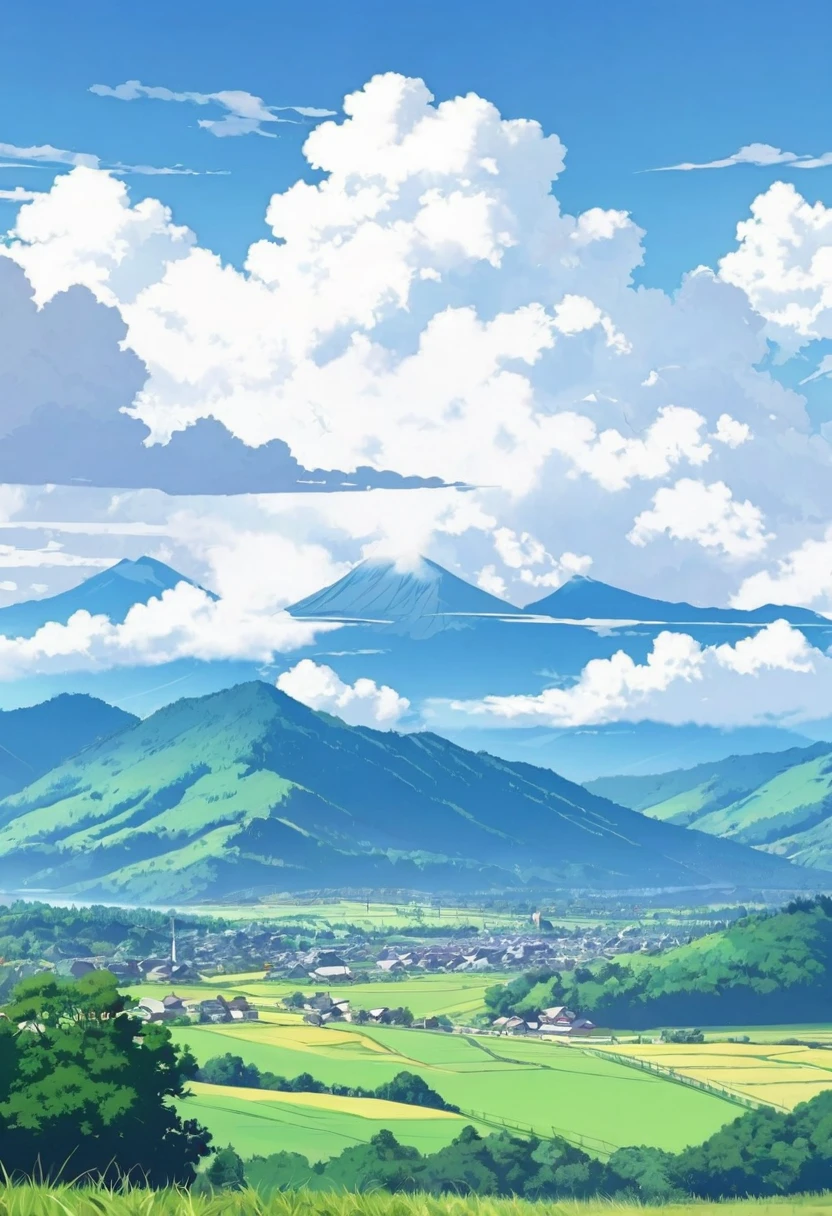 landscape, Anime Style, countryside, Mountains and clouds are visible in the background.