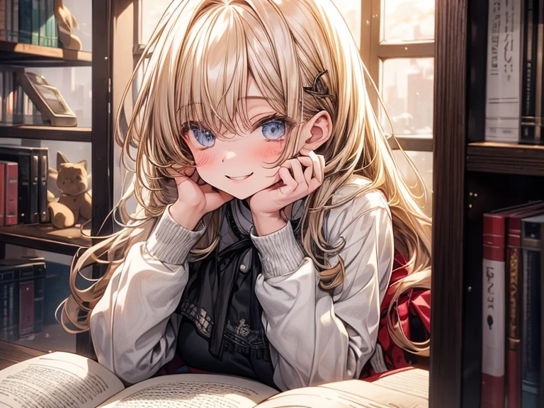 The 15-year-old anime girl sits at her desk, her eyes sparkling with excitement as she flips through the pages of her latest read. Her light hair falls in soft waves around her face, framing her delicate features. The bookshelves behind her are filled with a diverse collection of stories, each one holding a special place in her heart. As she reads, the world around her fades away, and she becomes lost in the vivid imagery of the story.