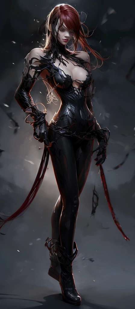 Red hair surrealism, shadow, Character table, Reference Table, Standing painting, 8k, Super Detail, 1080P, Women HD, 4K, 8k, 16k, high resolution, best quality, high quality, Anatomically correct, masterpiece, precise, Ultra HD,grace,Unreal Engine,Delicate face,Long braids,slim,Long legs,Venom Costume