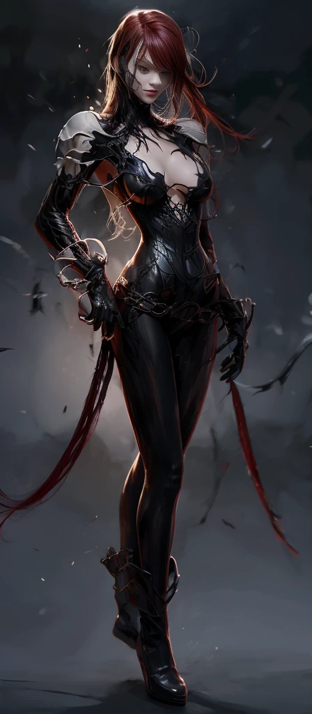 Red hair surrealism, shadow, Character table, Reference Table, Standing painting, 8k, Super Detail, 1080P, Women HD, 4K, 8k, 16k, high resolution, best quality, high quality, Anatomically correct, masterpiece, precise, Ultra HD,grace,Unreal Engine,Delicate face,Long braids,slim,Long legs,Venom Costume