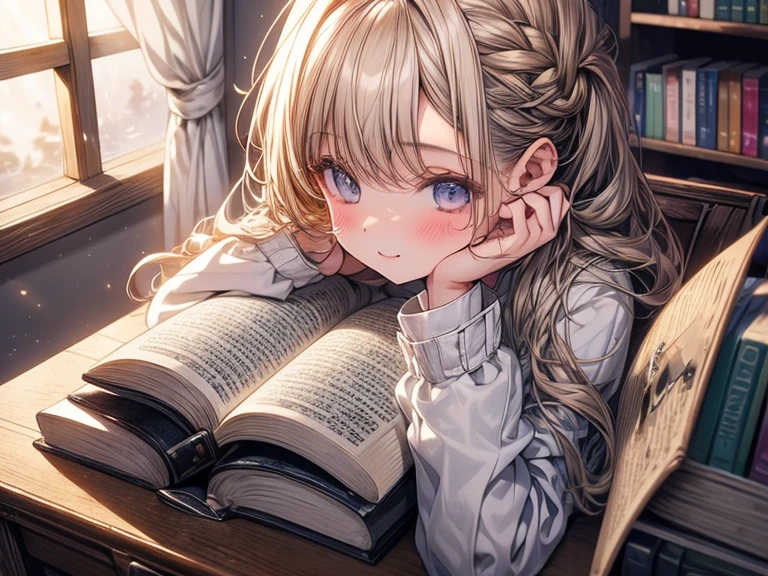 The -yeld an girl sits at her desk, her eyes sparkling with excitement as she flips through the pages of her latest read. Her light hair falls in soft waves around her face, framing her delicate features. The bookshelves behind her are filled with a diverse collection of stories, each one holding a special place in her heart. As she reads, the world around her fades away, and she becomes lost in the vivid imagery of the story.