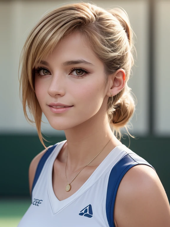 Waist up cinematic portrait photoshoot of short pony tailed Blondie hair style, Beautiful Steffi Graf donning 80's Tennis costume, gentle sweet smile, bokeh, shallow depth of field, volumetric lighting, masterpiece professional photography, detailed face, insanely detailed and intricate scene