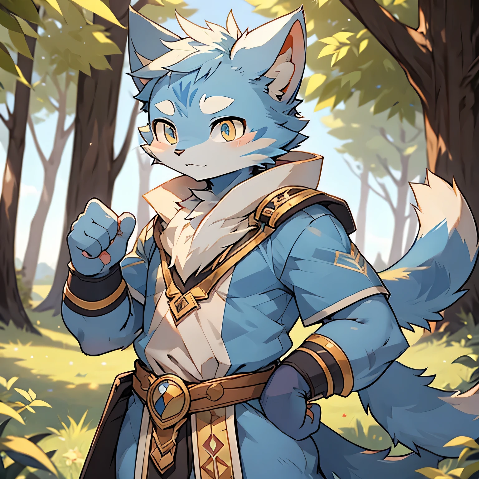 The only person,(Male cats:1.5), (blue skin:1.3), hairy,(Light blue fur:1.3),((Golden pupils)) ,(White ears),(hairy animal ears),Covered with hair,Wear adventurer's clothes,Standing,Behind it is the forest,Delicate face,Delicate eyes,aggrieved look,With tears,Perfect sunshine,Face Focus