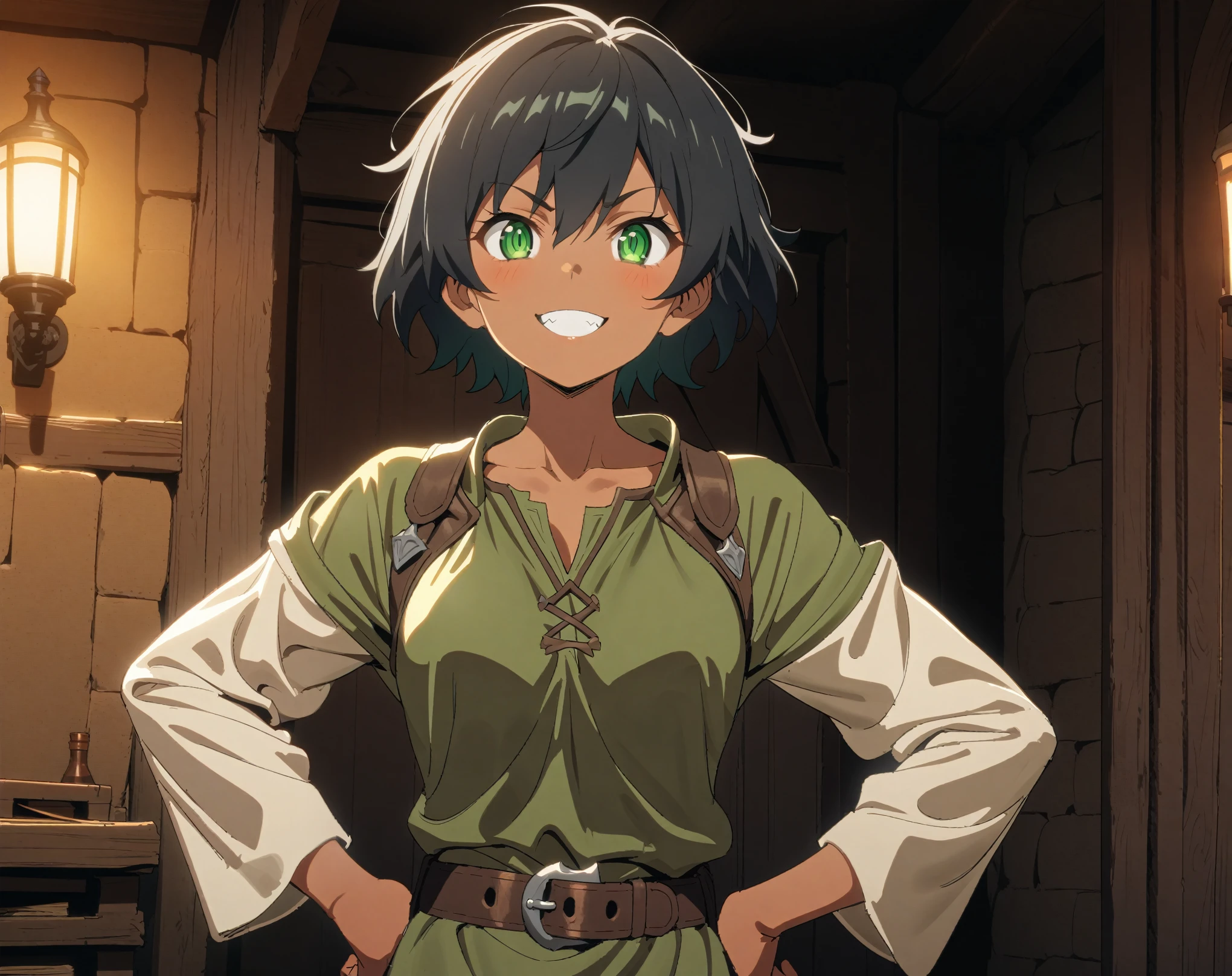 (Masterpiece, best quality, highres) {{Artist: Sincos}} 1 woman, solo, 30 years old, tomboy, strong, tan skin, sharp eyes, green eyes, black hair, pixie haircut, taller than camera, green tunic, leather belt, white pants, eager smile, looking at camera, hands on hips, standing in guild, bulletin board behind, cozy lighting, medieval fantasy.