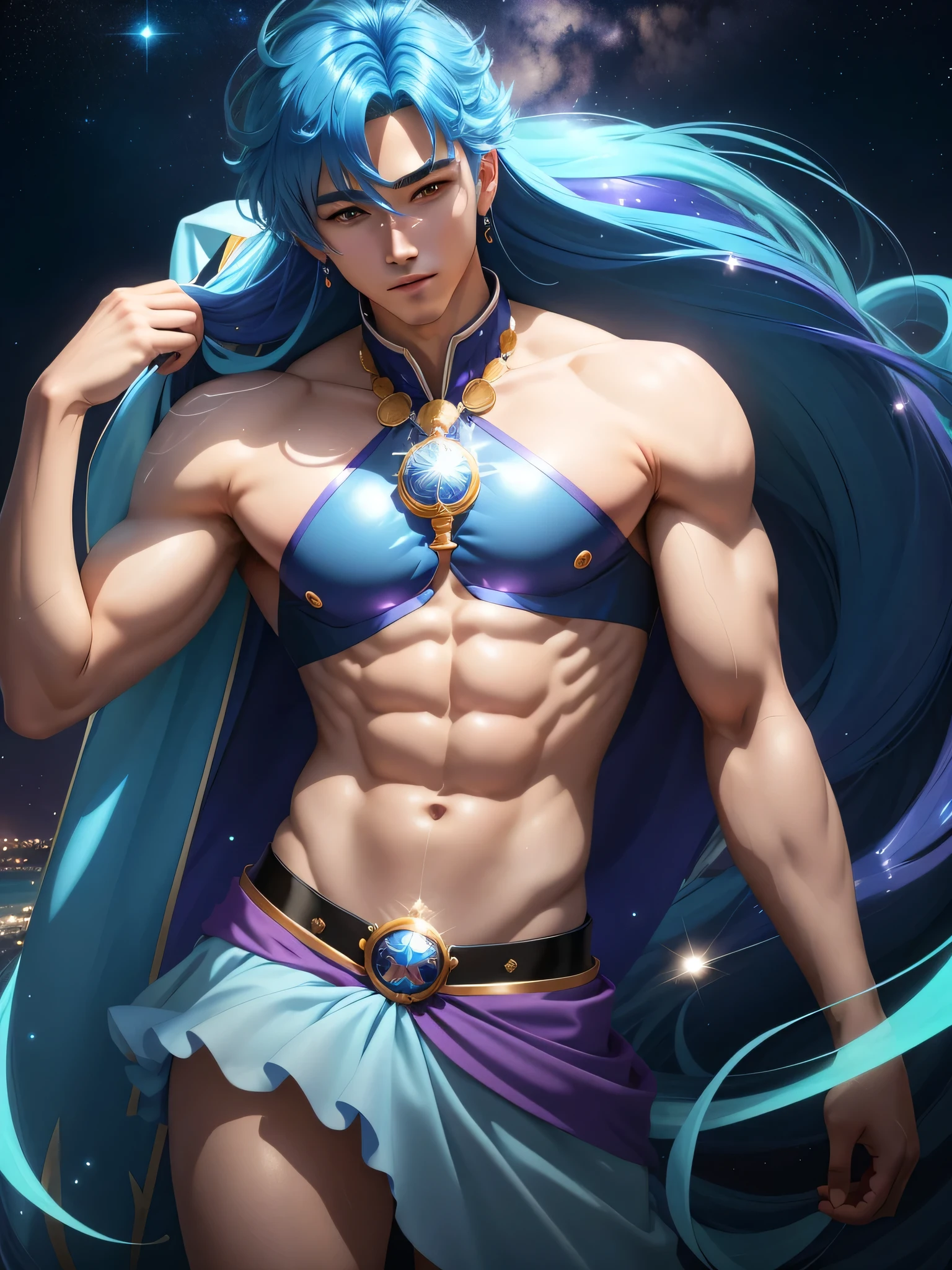 Close-up of a blue-haired cartoon male character, Beautiful Celestial Mage, Heavenly Aura, solo, Purple cyan long hair boy, Knight of Zodiac Boy, Sparkling Magical Boy, Royal Elegant Pose, Anime man in blue bikini, Anime man in belly button costume, Anime Prince, Blue crop top, bikini top with an blue, Blue mini skirt, bikini top with an triangle, A magical aura around him, Portrait of Zodiac Boy Knight, Magical Glossy Skin, at night!!, Male focus, Bare legs, Bare shoulders, Bare Arms,