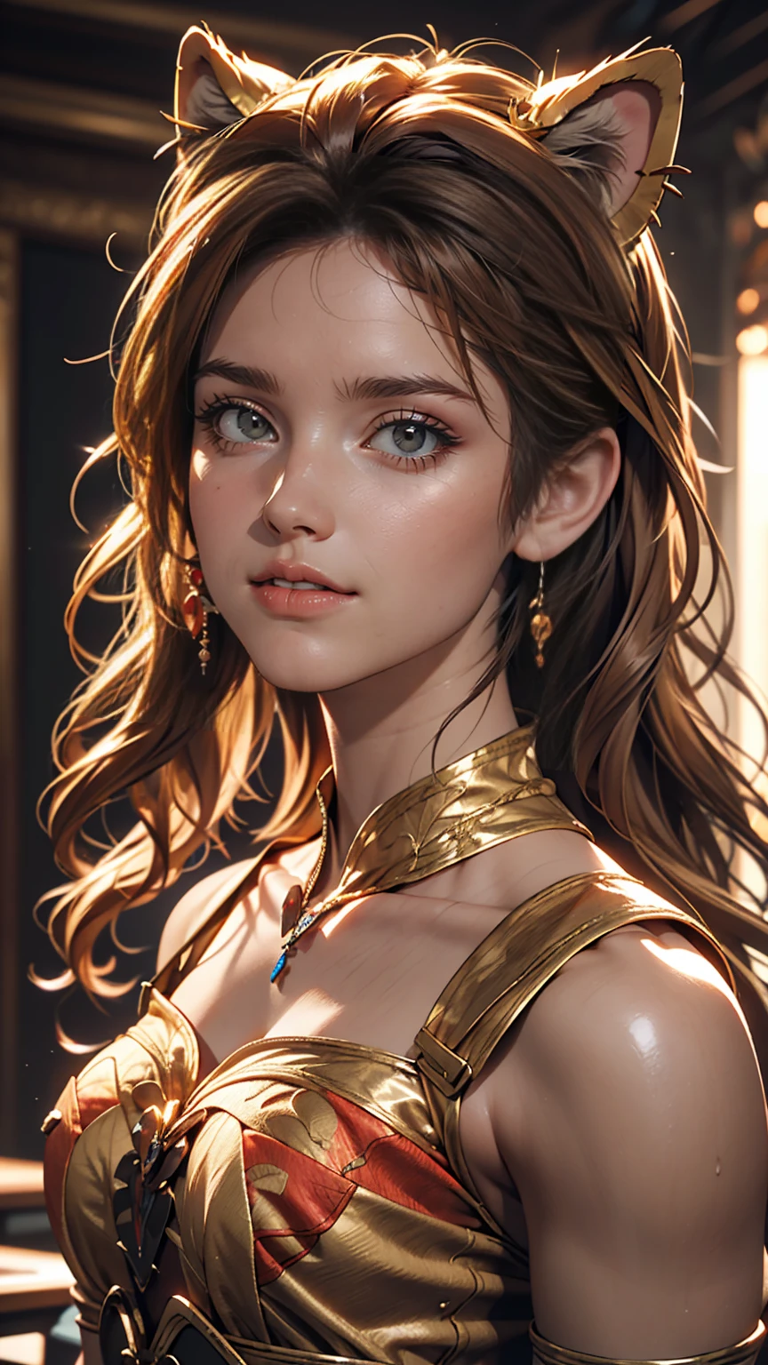 Ultra-detailed beautiful girl, smile、With a ferocious lioness, Cinematic, Cinematic Light, Realistic, 3D Rendering, Very detailed Face, Very detailed, Realistic Appearance, real, Realistic Girl, Very detailed Hair