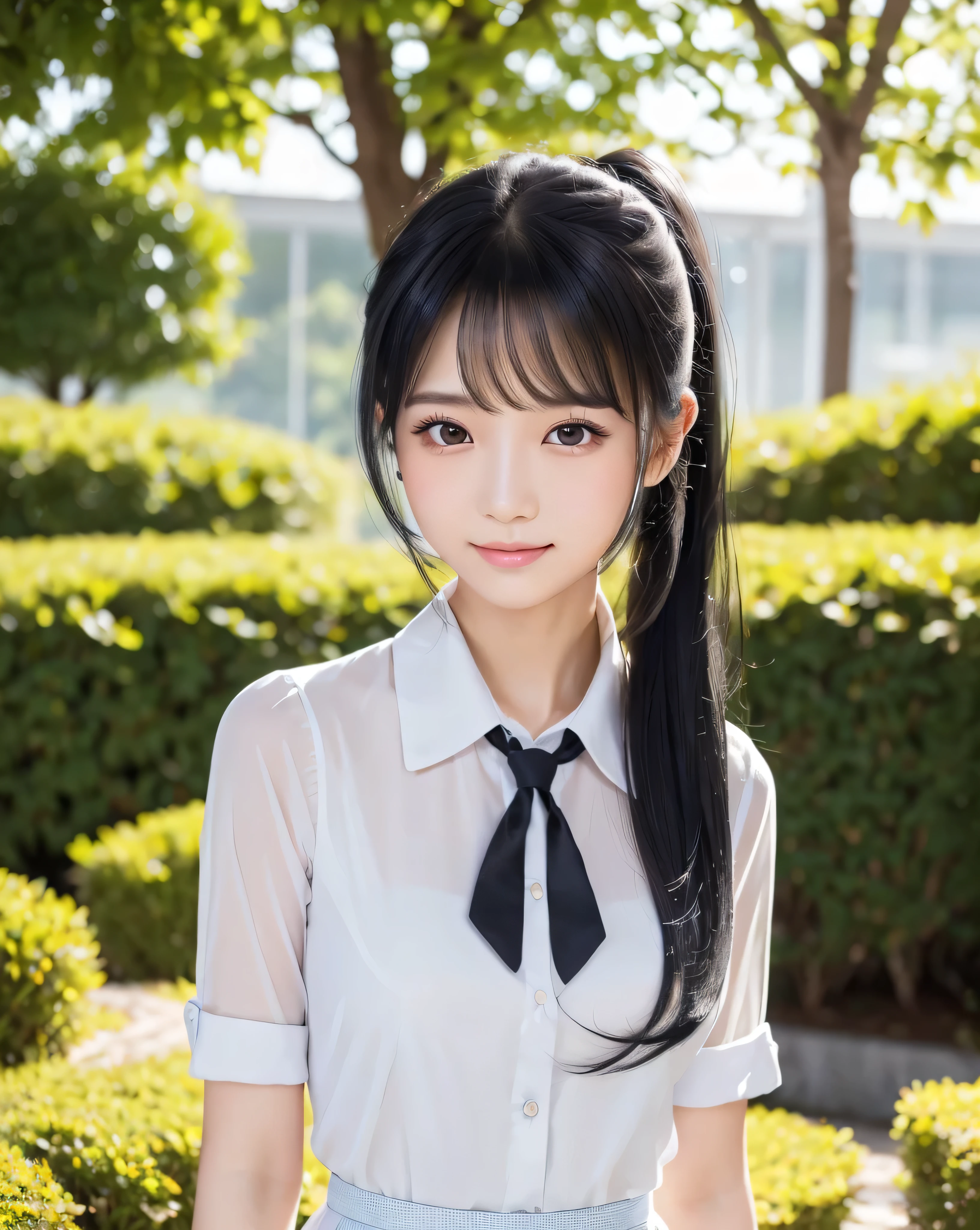 (highest quality, 32k, High resolution, Masterpiece:1.5, ), god々A photograph with brilliant dazzling and healing power., Evoking a sense of calm and elusive beauty, Expressing emotions, Have a rich imagination, Beautiful Japanese Girls, An exceptionally beautiful face, Perfect Human Anatomy, Magical big eyes, fleeting smile, Motherhood and generosity, ((Shiny black hair:1.3), ((Beautiful ponytail)), Asymmetrical bangs, Hair between the eyes, Transparent, soft white skin, Neat, thin eyebrows, double eyelid, Natural Makeup, Cheek highlighter, Pale pink detailed lips, ((School Uniform:1.4)), White dress shirt, Longer ties, Grey pleated skirt, Detailed summer sky, Slim figure with ample breasts, High resolutionの美しい太もも, Hair that shines in the dazzling midsummer sunlight, Professional Lighting, Professional photographer, Professional models, God&#39;s Secret
