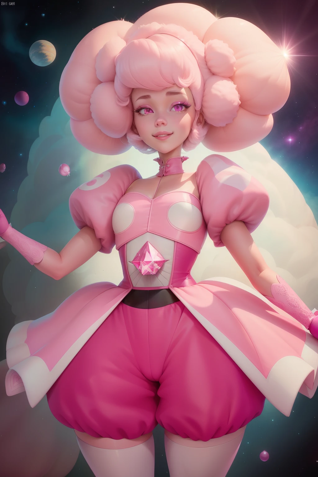 pnkdamond, pink hair, pink eyes, big hair, stomach gem, pink skin, toned,
puffy short sleeves, elbow gloves , white thighhighs, puffy dress,
standing, upper body,
outerspace,
(insanely detailed, beautiful detailed face,beautiful detailed eyes, masterpiece, best quality) cinematic lighting, smile,