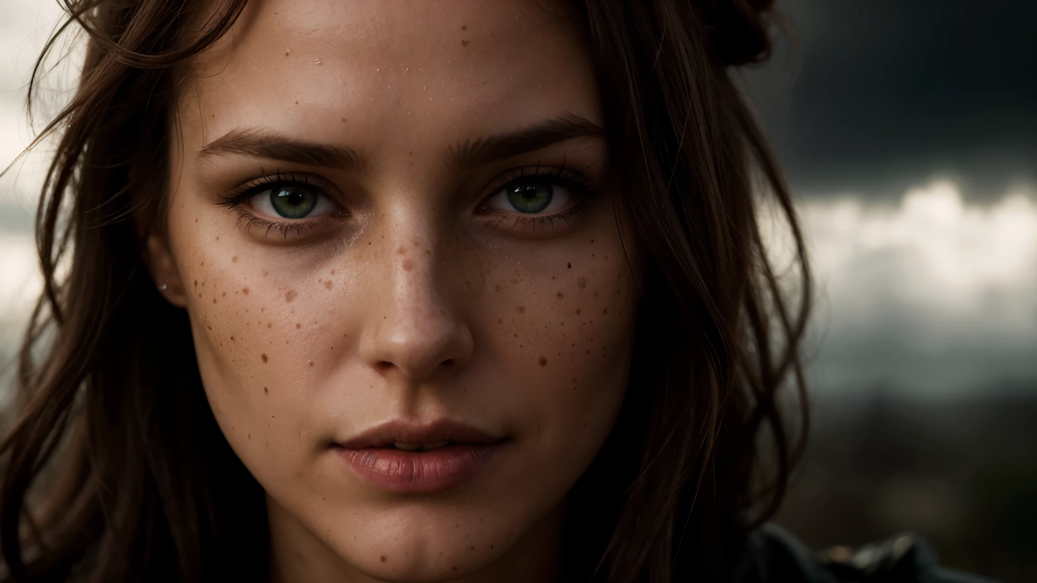 beautiful lady, freckles, dark makeup, hyperdetailed photography, soft light, head and shoulders portrait, cover,| (darkness:1.1), clouds, deep shadow, darkness, award-winning photo, extremely detailed, amazing, fine detail, absurd, ([Cobie Smulders|Jennifer Aniston|Emilia Clarke]:0.8), perfect beautiful woman extremely detailed, extremely symmetrical extreme detailed symmetrical eyes and face, sharp piercing green eyes lumen lighting, detailed clothing, smooth and lean glowing skin, subsurface glow, (goth: 0.8), double bun, bangs, ruffles, skirt, red hair, by lee jeffries [ (Color Burst Psychedelic Ink Colors: 1.21): : 0.15]