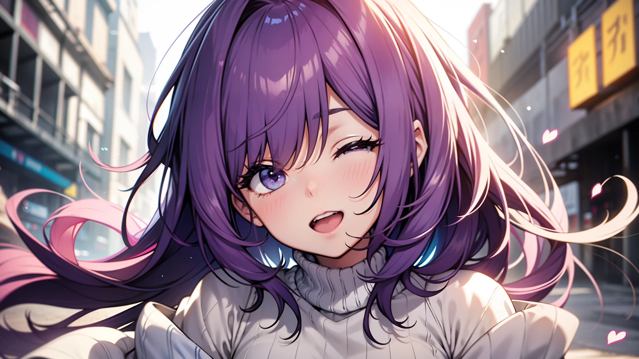 one-girl，Wear a comfortable white sweater，The upper part of the body，（big laughter：1.1），（with her mouth open：1.1），（opens his eyes wide：1.2），strong lights，Background bokeh，depth of fields，Purple colored hair，blur backgroun，light particules，strong winds， （heart particles：1.1）