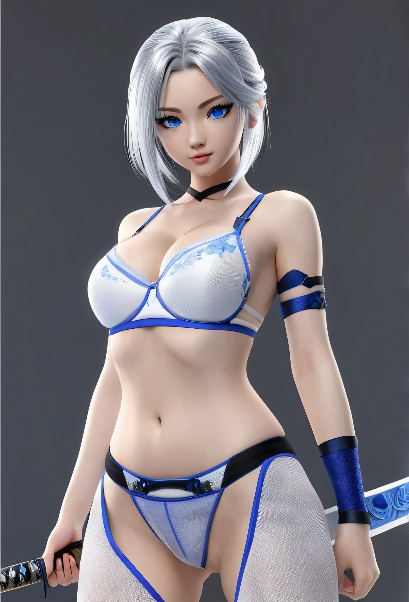18-year-old girl,Silver hair with blue mesh,Blue Eyes,Long eyelashes,Very large breasts,White bra and thong,Holding a Japanese sword,((3D anime style))