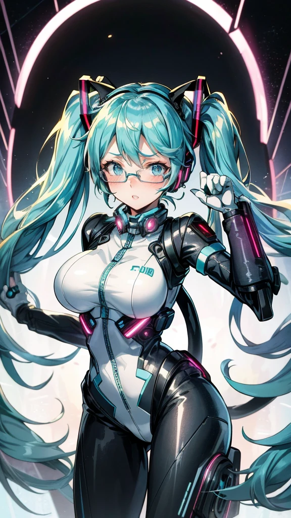 Hatsune Miku Vocaloid, Twin Tails, Light Blue Eyes, Light Blue Hair, Pichi Pichi Bodysuit, Cyber punk, Ultimate Physical Beauty, Beautiful Eyes, embarrassed look , ((Big Breasts)), 8K CG, Top Quality, Best Image Quality, 2D digital illustration, 1cute girl, cat ears, cat tail, 1 girl, glasses,