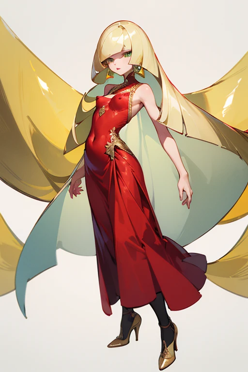 ((highest quality)), ((masterpiece)), (Familiar), Lusamine,thin,thin,Long blonde hair,Small breasts,Small breasts,Erect nipples,Adult female,Green Eyes,Slanted Eyes,Sleeveless dress,Red dress,Gold embroidery,High heels,Fascinating,Long skirt,White shawl,Green Earrings