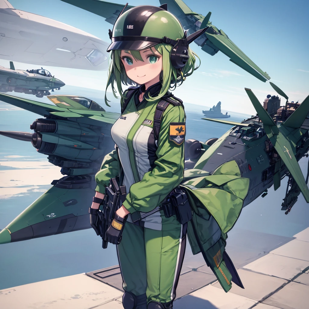 masterpiece、highest quality、High resolution、Very detailed、Beautiful eyeedium wide shot、Girl、Emerald green eyes、Sparkling eyes、Fighter pilots、Standing with a fighter jet in the background、Wearing a pilot suit、Have a full-face helmet、Smiling、Watching the audience、Thumbs up、Thumbs up、