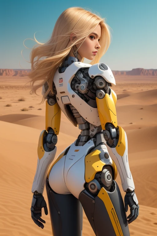 high quality, 4k, masterpiece, beautiful, cyborg girl, cowboy shot, dull eyes, back side, turning around to look at viewer, long blonde hair, girl, small breasts, fit thigh, robotic arms, robotic body, cyborg body, yellow accent, red accent, intricate detail, joint, detailed lines, robotic detail, 1fist on hip, color robotic parts, robotic parts with color, perfect fingers, on a desert planet, sunny background, colorful desert,