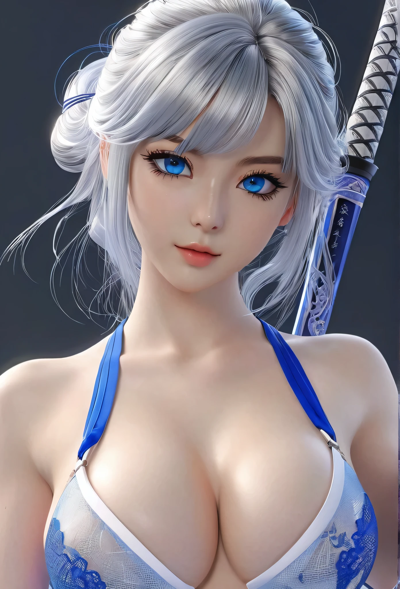 18-year-old girl，Silver hair with blue mesh，Blue Eyes，Long eyelashes，Very large breasts，White bra and thong，Holding a Japanese sword，((3D anime style))