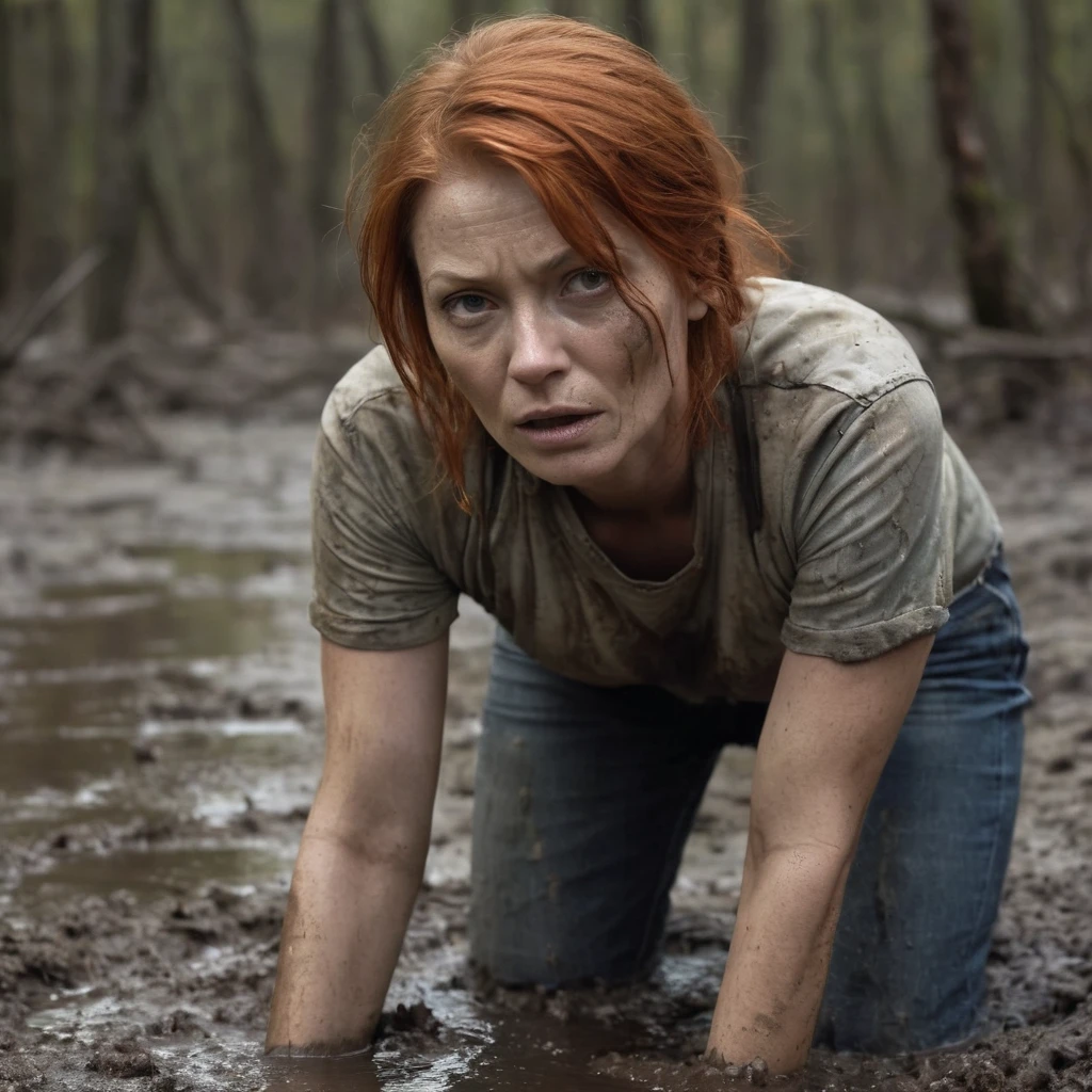 Hyper-realistic, ultradetailed, Raw, masterpiece. dark forest. 40-years-old woman is caught drowning in a quicksand sticky cement bog. The swamp sexually devours her body. ((on face: fright, depraved)). ((soaked muddy jeans)), (t-shirt), shortness of breath, shameful, loses control of himself, ((Trapped in lust, defenseless)), Copper-red hair, sweat, hard breath