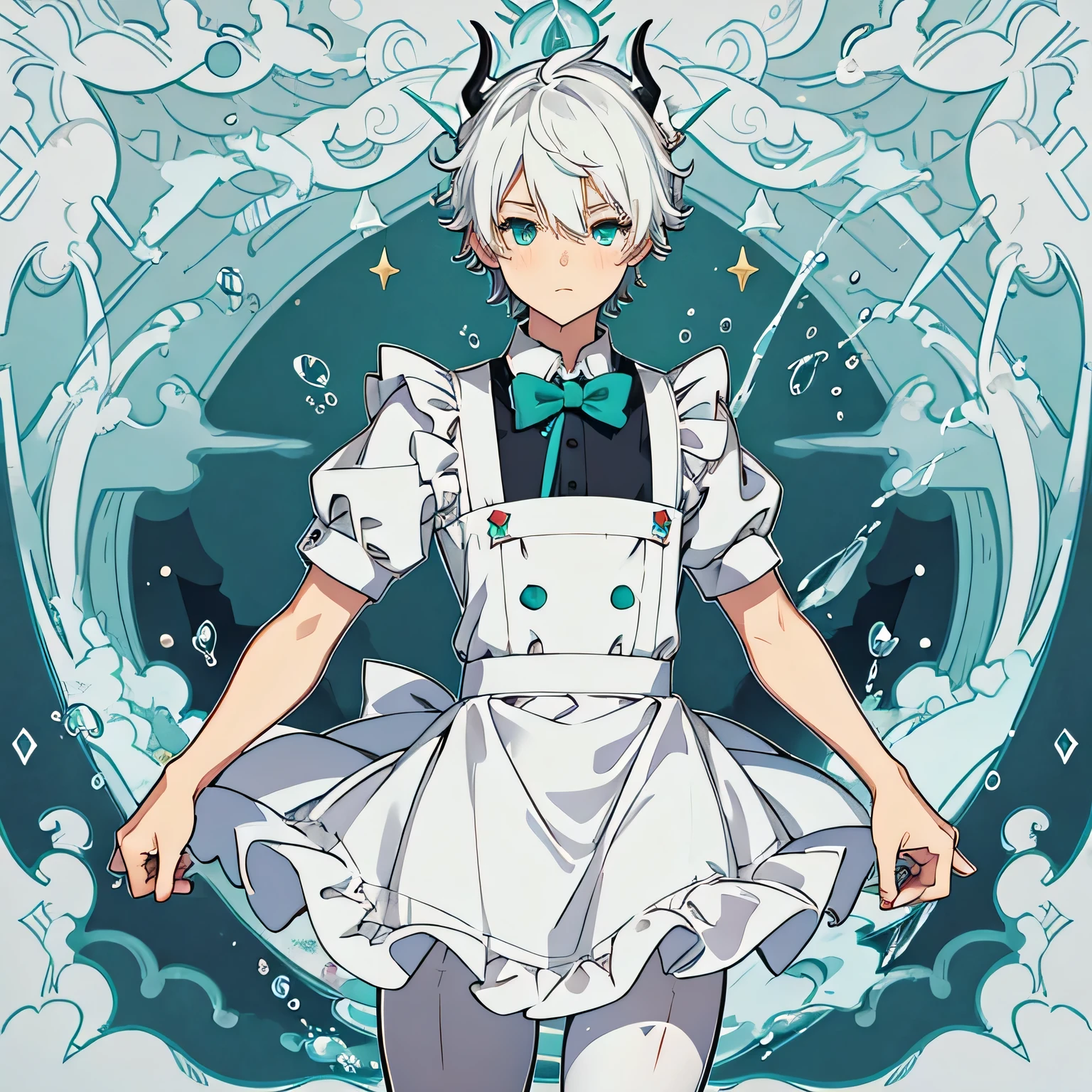 Cute demon femboy with male short white hair swept right and teal eyes wearing a maid outfit, water swirling around him