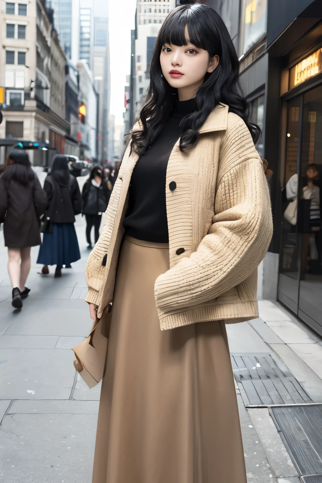 Masterpiece、highest quality、Woman 1、Super detailed Black Hair、Long Hair、Curly Hair、Blunt Bangs Beige knit、Short jacket、Long skirt Right in the middle of the city、A crowded city