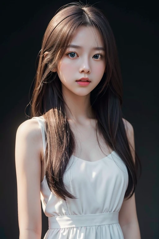 One girl, Long Hair, White Dress, (Isolated on a dark gray background:1.2), from the front, Are standing, (Soft lighting:1.2), Shot with Canon EOS 5D, break
(Upper Body:1.2), , highest quality, Ultra-high resolution, (Realistic:1.4), masterpiece, Realistic Skin, Hyper Real, perspective, Beautiful eyes and detailed face  