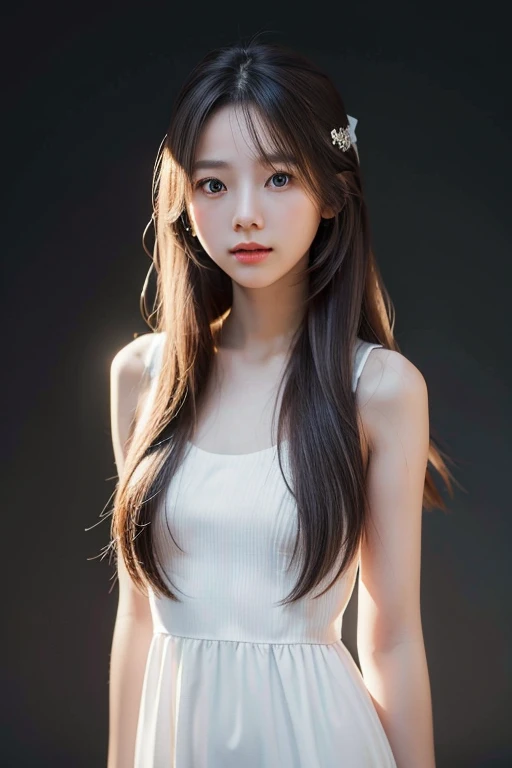 One girl, Long Hair, White Dress, (Isolated on a dark gray background:1.2), from the front, Are standing, (Soft lighting:1.2), Shot with Canon EOS 5D, break
(Upper Body:1.2), , highest quality, Ultra-high resolution, (Realistic:1.4), masterpiece, Realistic Skin, Hyper Real, perspective, Beautiful eyes and detailed face  