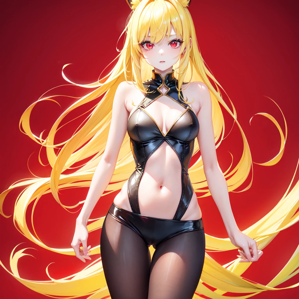 bunny girl, slender waist, long legs, sharp red eyes, long blonde hair, red and yellow clothes, simple background, attractive figure