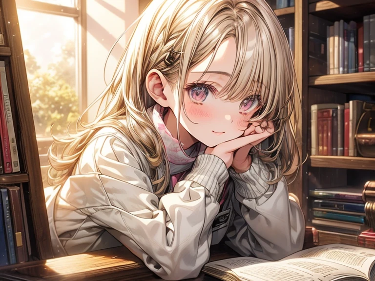 A -yeld an girl happy, light hair, sits at her desk, surrounded by bookshelves filled with her favorite stories. The sunlight streams in through the window, casting a warm glow on her face as she dives into the pages of her latest read.