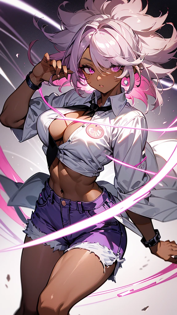 1 woman, adult, ((dark skinned woman, hair over the one eye)), white hair, pink hair, colorful hair, messy hair, purple eye, glasses, (white big shirt, short pants), black tie, cleavage, earring like a circle, Subdued Light, dynamic pose, perfect hand, masterpiece,