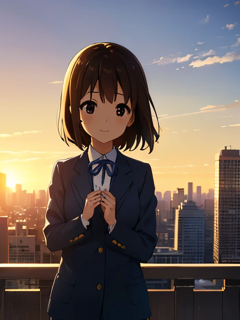 One girl, (((masterpiece))), highest quality, highest quality, Attention to detail, Hirasawa Yui, One girl, Sakuragaoka High , , short hair, Brown haired, Brown eyes, solo, red tint, A dark blue blazer with a light blue ribbon, A plain white button-up shirt to wear underneath the blazer, Awareness-raising, Comic Strip, Calm tone, Calm colors, Soft cinematic light, Adobe Lightroom, Photo Lab, High resolution, Complex and highly detailed、(((Depth of written boundary))))。(((masterpiece)))。(((highest quality))).)((Ultra-detailed)))。(((Awareness-raising)))。(((Take-out))).Dynamic Focus.Big Breasts.(((skyscraper))).(((Cityscape))).(((Happy Face))). Open your mouth.(((Put your hands on your hips))).(((On the chest))).((Afternoon glow)).((The Sunset Sun)).