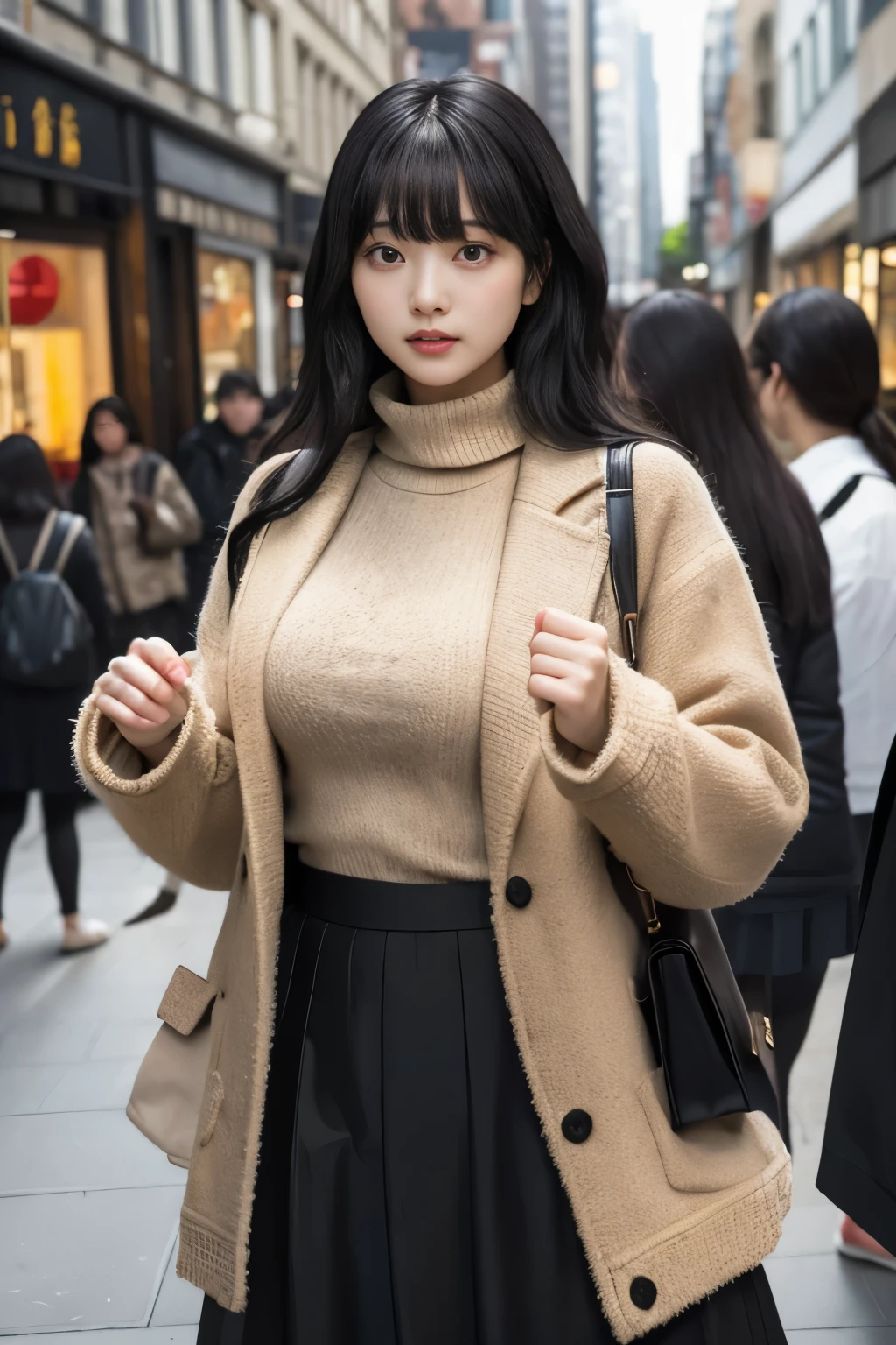 Masterpiece、highest quality、Woman 1、Super detailed　Black Hair、Long Hair、Curly Hair、Blunt Bangs　Beige knit、Short jacket、Long skirt　Large Breasts　Right in the middle of the city、A crowded city