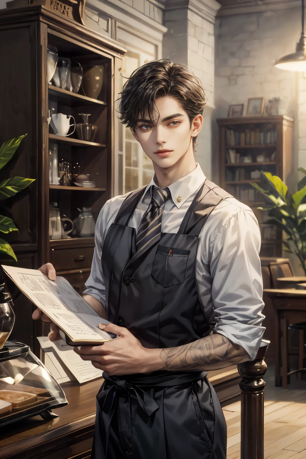 Absurdres, best quality, masterpiece:1.8, kenouji, handsome teen boy, coffee barista boy outfit , barista, coffee, office works, documents, books, extremely detailed cafe scenery, perfect face:1.1, Looking at Viewer,