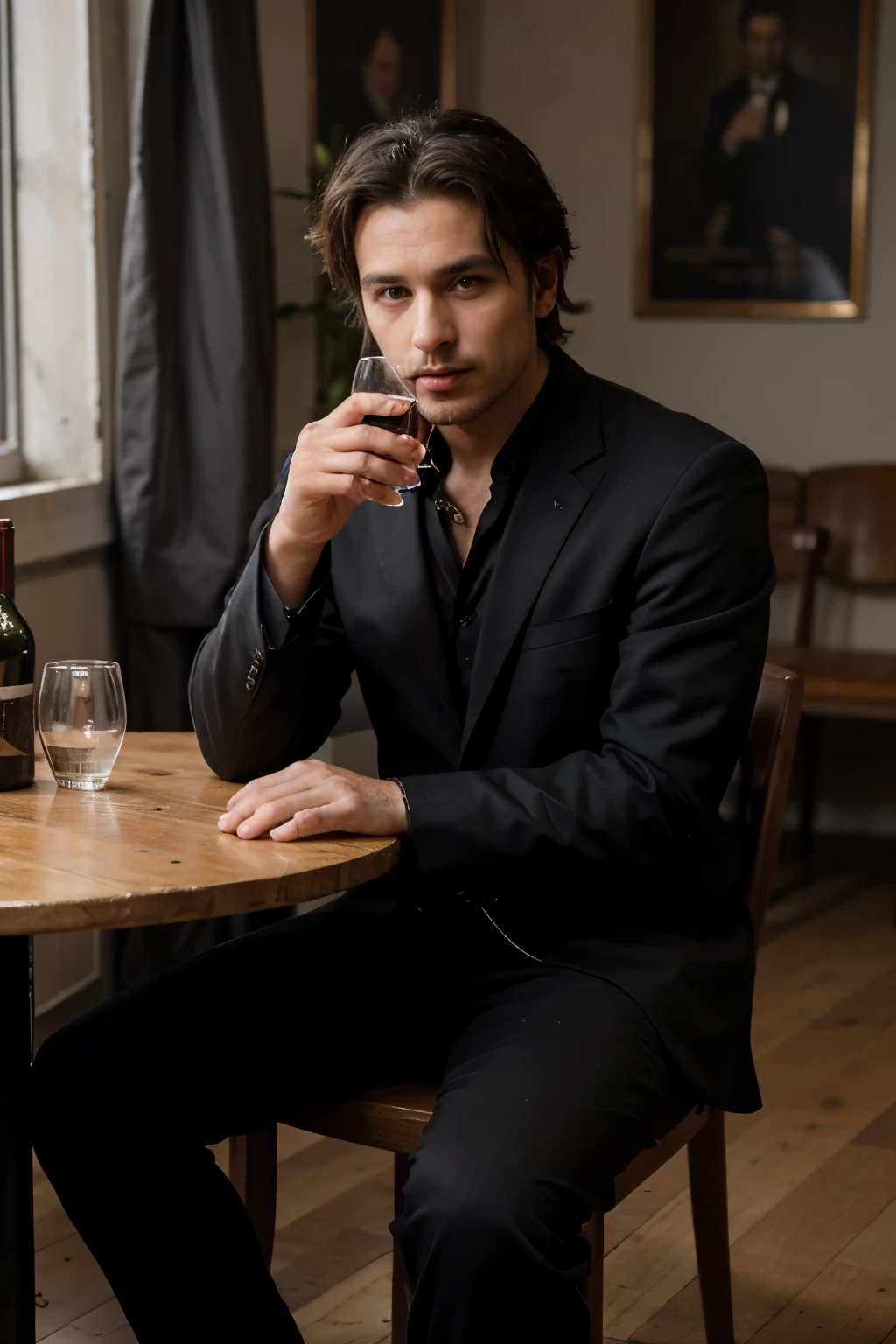A gypsy man sits at a rich table and holds a glass of red wine in one hand, the other hand on his feet, black trousers and a full-length black suit, one elbow stands on the table