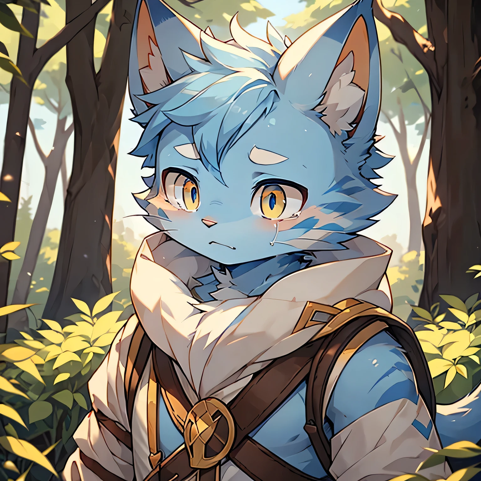 The only person,(Male cats:1.5), (blue skin:1.3), hairy,(Light blue fur:1.3),((Golden pupils)) ,(White ears),(hairy animal ears),Covered with hair,Wear adventurer's clothes,Standing,Behind it is the forest,Delicate face,Delicate eyes,aggrieved look,With tears,Perfect sunshine,Face Focus,Crying emoticon
