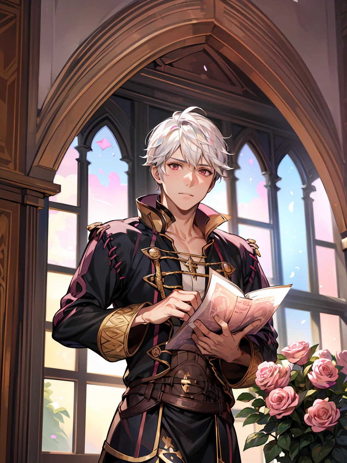 (absurdres, highres, ultra detailed, HDR), masterpiece, best quality, Robin, 1man, solo, handsome, white hair, vibrant brown eyes, finely eye and detailed face, fire emblem awakening, window, red curtains, pink roses