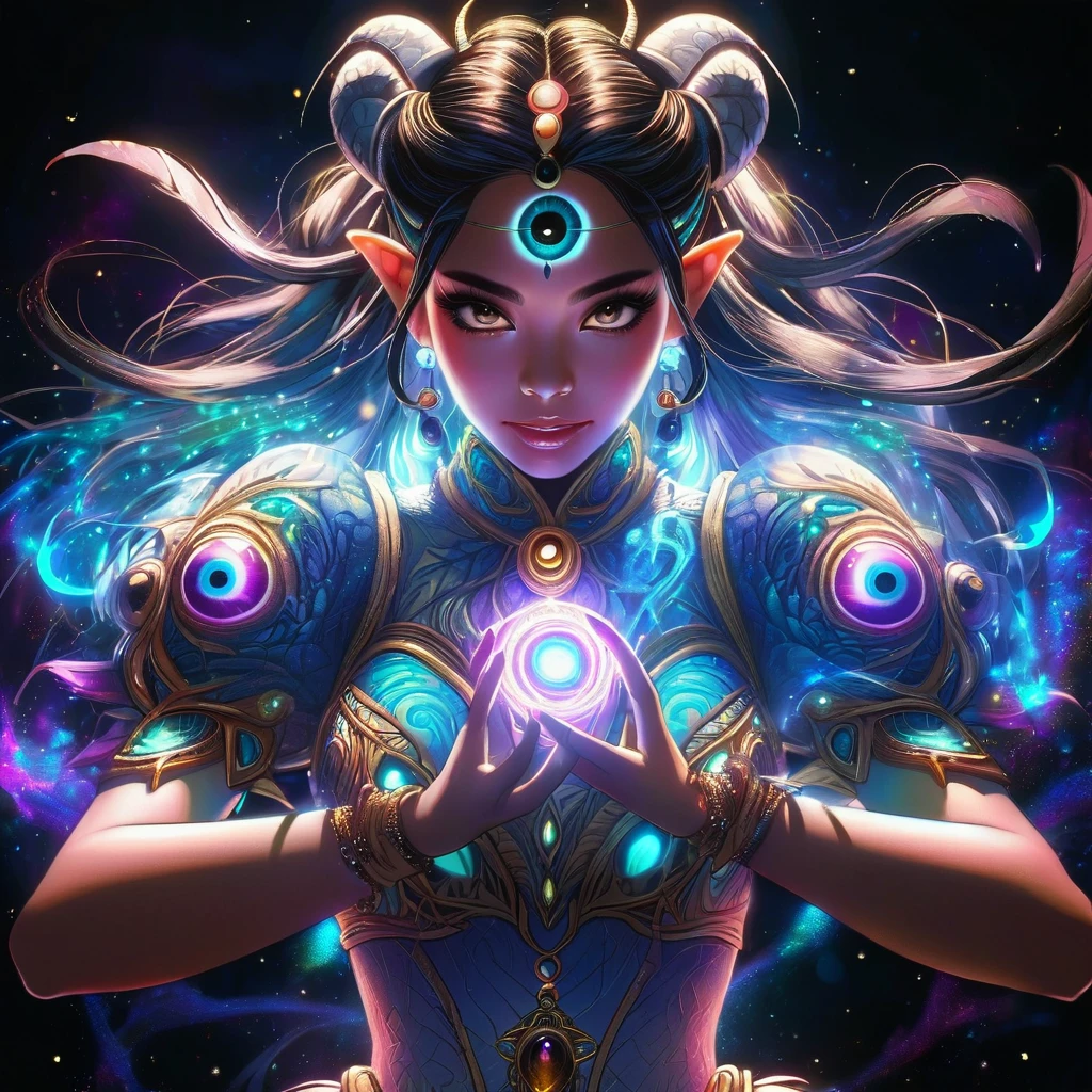 (best quality:1.2), intricate details, beloved, 1girl, monster girl, colored skin, third eye, glowing
