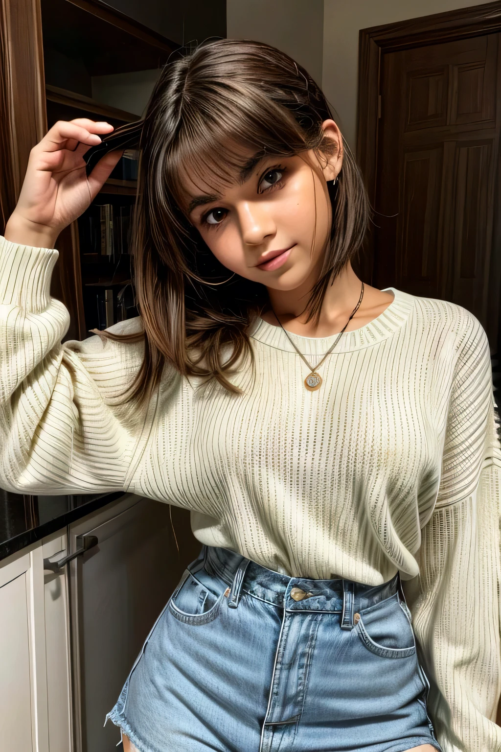 1 garota em, 19 anos, Sozinho, Cabelo longo, Colossal , olhando para o espectador, cabelo loiro, Ombros nus, olhos castanhos, joia, corpo todo, um colar, fora dos ombros, Sweaters, realista, Uma sexy