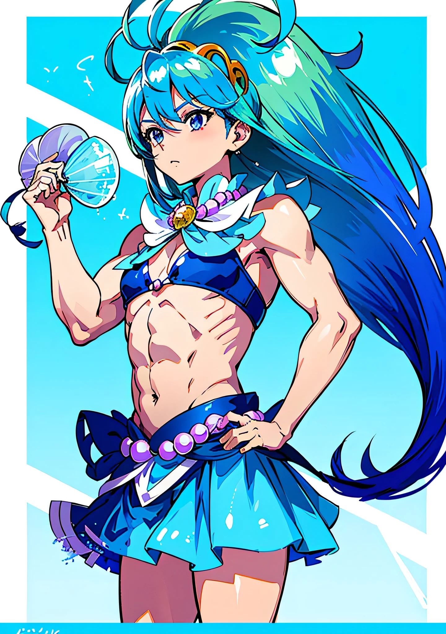 Cartoon image of a man wearing a Blue Bikini top and necklace、solo、Official artwork、Aquamarine、sapphire、Blue Bikini、Official Art、Wallpaper anime blue water、He has pale blue hair!!!、Long Hair、Water Fairy、A man with two-tone light blue and purple hair、Blue aura、Fan art、Anime Prince、Blue flared skirt、Blue mini skirt、Muscular Abs、Official fan art、Muscular man、Headquarters artwork、Cure、Shiny!!、splash art anime boy、