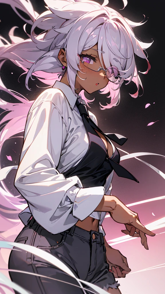 1 woman, adult, ((dark skinned woman, hair over the one eye)), white hair, pink hair, colorful hair, messy hair, purple eye, glasses, (white big shirt, short pants), black tie, cleavage, earring like a circle, Subdued Light, dynamic pose, perfect hand, masterpiece, from side