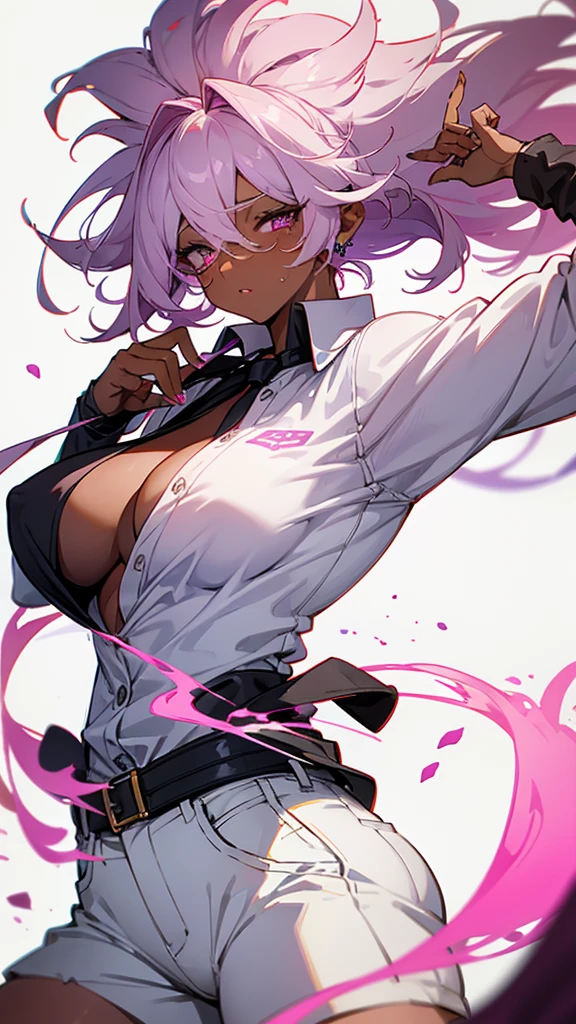 1 woman, adult, ((dark skinned woman, hair over the one eye)), white hair, pink hair, colorful hair, messy hair, purple eye, glasses, (white big shirt, short pants), black tie, cleavage, earring like a circle, Subdued Light, dynamic pose, perfect hand, masterpiece, from side