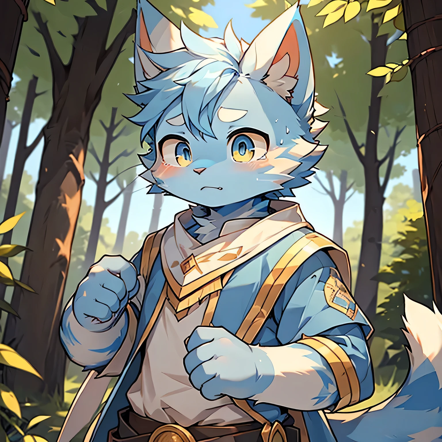 The only person,(Male cats:1.5), (blue skin:1.3), hairy,(Light blue fur:1.3),((Golden pupils)) ,(White ears),(hairy animal ears),Covered with hair,Wear adventurer's clothes,Standing,Behind it is the forest,Delicate face,Delicate eyes,aggrieved look,With tears,Perfect sunshine,Face Focus,Crying emoticon