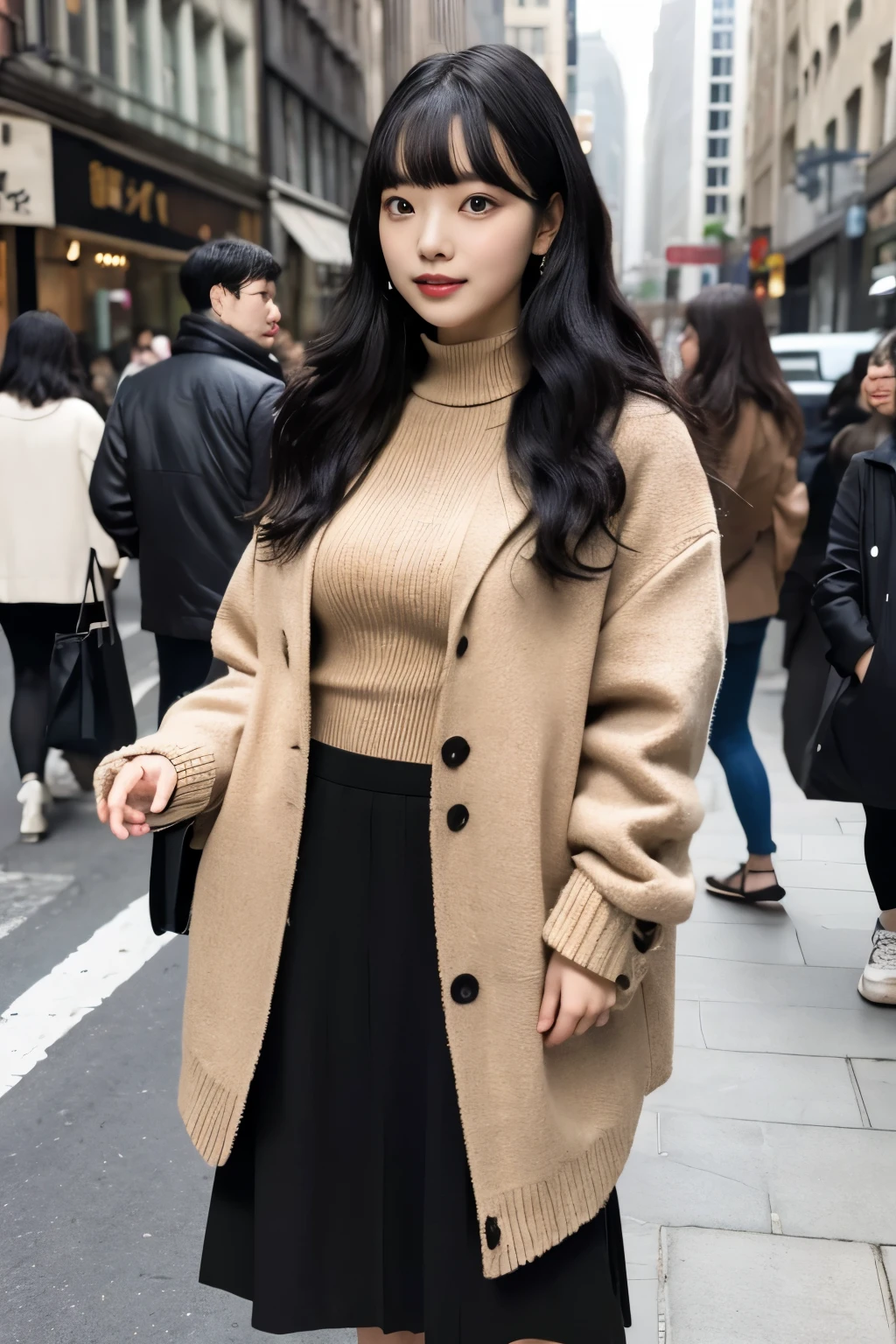 Masterpiece、highest quality、Woman 1、Super detailed Black Hair、Long Hair、Curly Hair、Blunt Bangs Beige knit、Short jacket、Long skirt Small breasts Right in the middle of the city、A crowded city