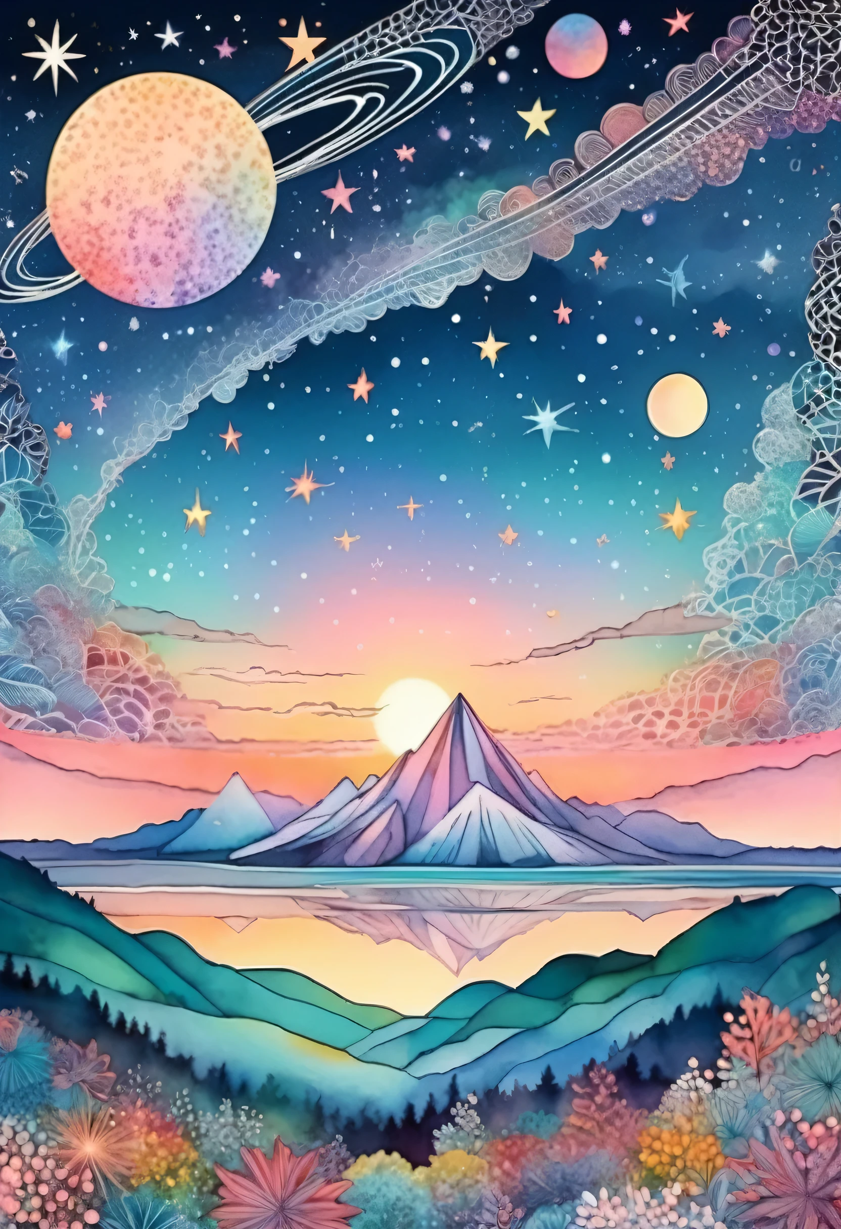 Mariya Pastel Tone, Star of the sky, Zentangle Landscape, comet、Supernova、Detailed Description、Ultra high definition、