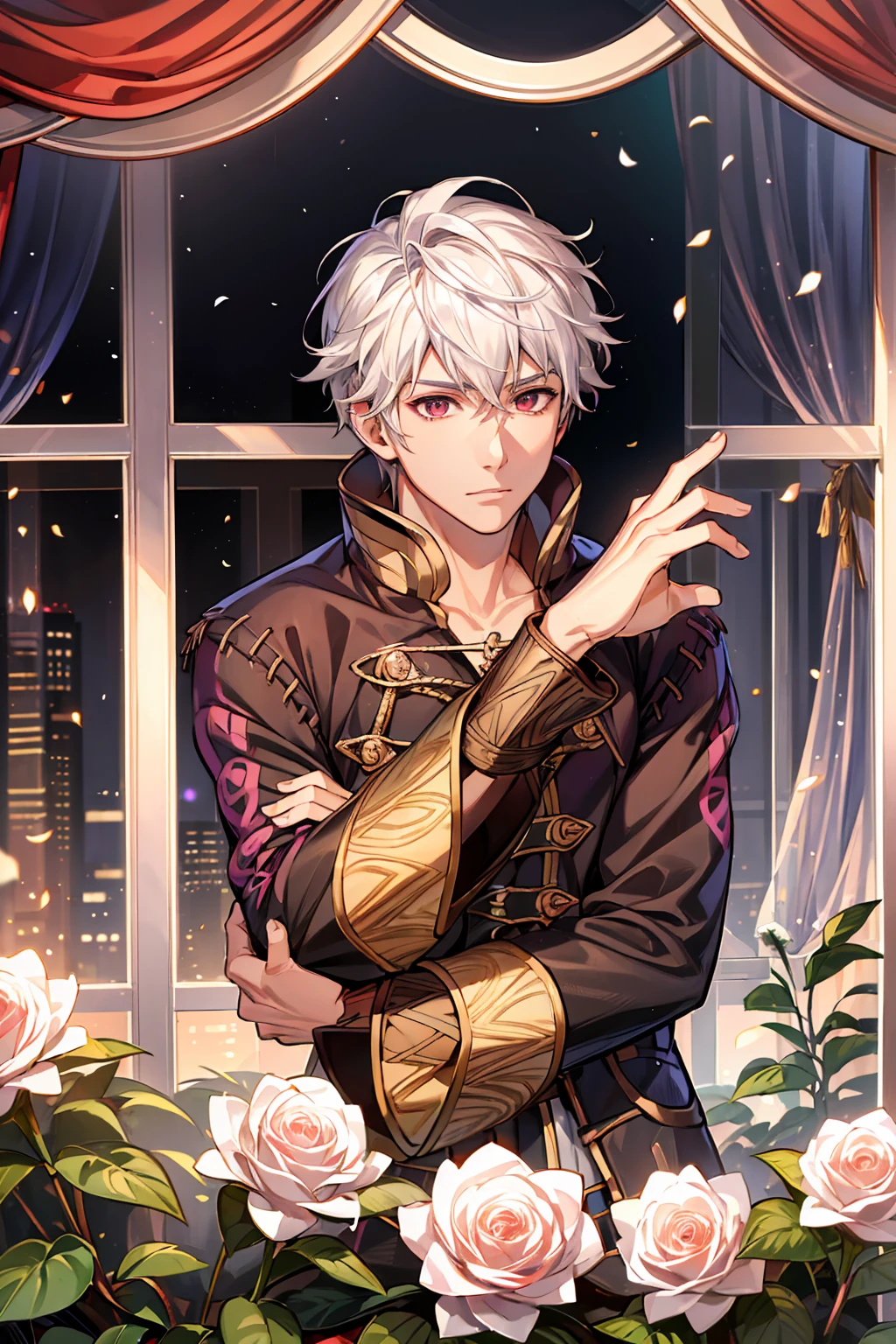 (absurdres, highres, ultra detailed, HDR), masterpiece, best quality, Robin, 1man, solo, handsome, white hair, vibrant brown eyes, finely eye and detailed face, fire emblem awakening, window, red curtains, pink roses