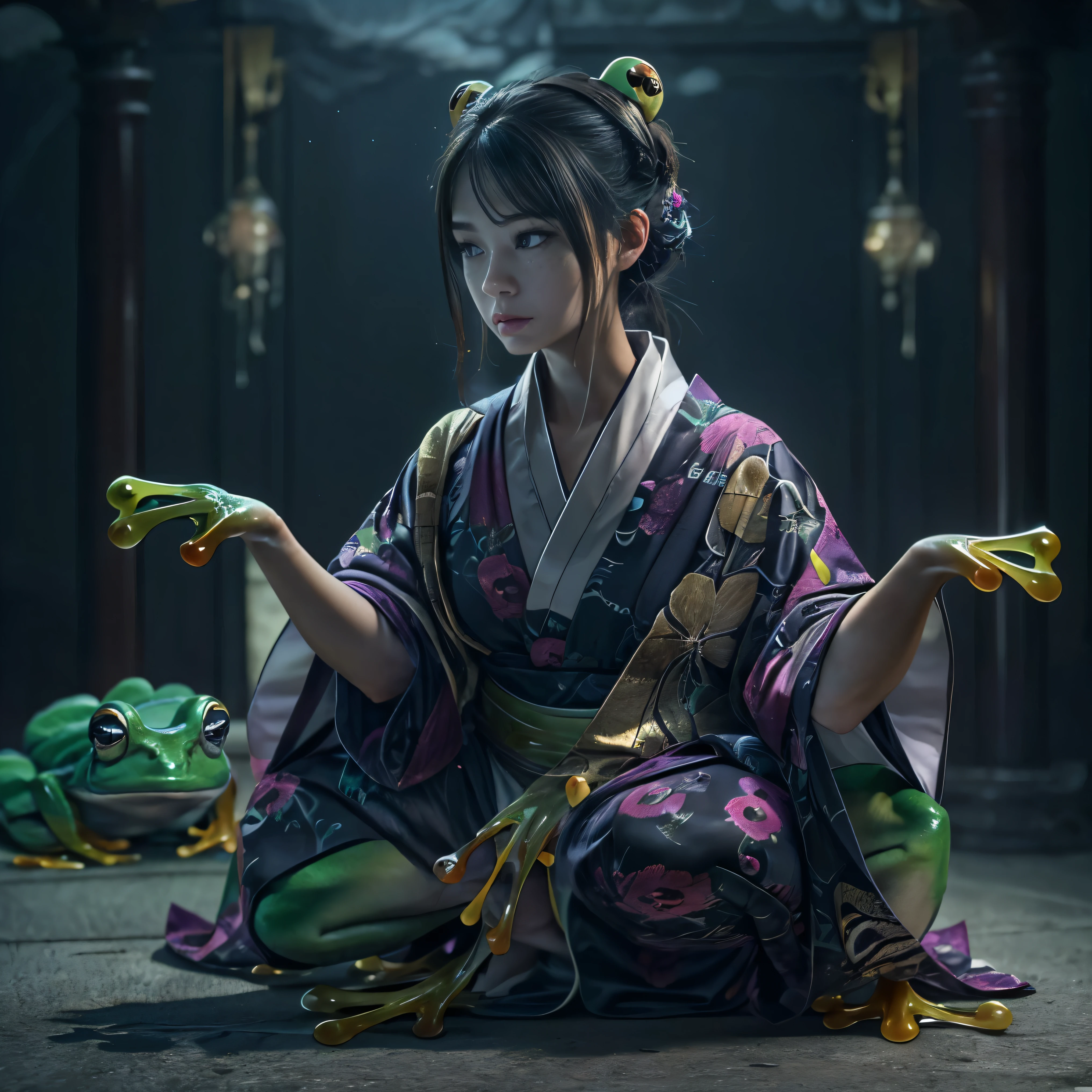 (highest quality、4k、8k、High resolution、masterpiece: 1.2)、Super detailed、(Real、Photorealistic、Photorealistic: 1.37)、Full Body Portrait、media: Fantasy、Horror、Dark Fantasy、Creatures、Hybrid Creatures、(Anatomically correct fingers: 1.4 )、The upper body of a transcendentally beautiful young woman((A hybrid creature with the lower body of a frog: 1.5))、(Squats with legs open:1.5)、Visualization of mythical creatures、yukata、Dark atmosphere、Dim color、Spooky lighting