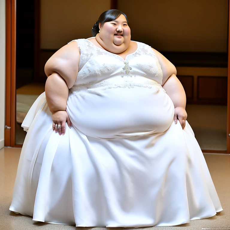 sbbw solo extremely morbidly obese Chinese woman full body alone wearing a white wedding dress