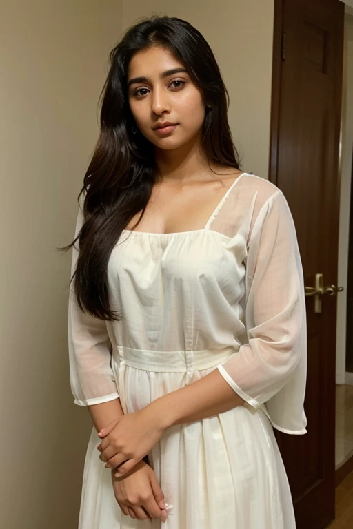 An beautiful South Asian girl in formal Western dress, eyes straighting towards camera, clear eyes