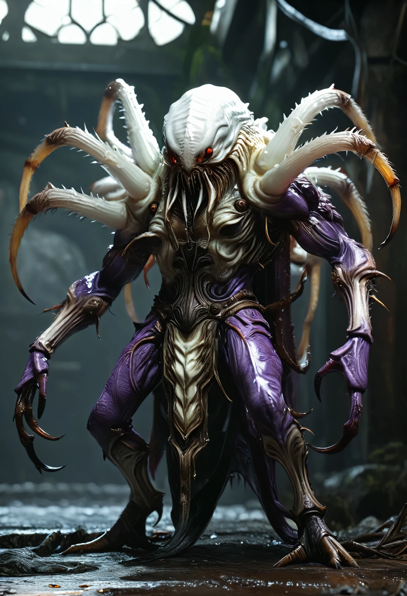 (best quality,4k,8k,highres,masterpiece:1.2), ultra-detailed, hi res,(realistic,photorealistic,photo-realistic:1.37), digital media artwork, (1 white evil creature with six long arms:1.4), armor, fully armored body, by lindong, by null-ghost, Her body has designs of snails and spiders. the background is hell, the emperor, (purple and white stripes:1.4), golden accent,  (eight eyes:1.8),cinematic lighting, Silent Hill 