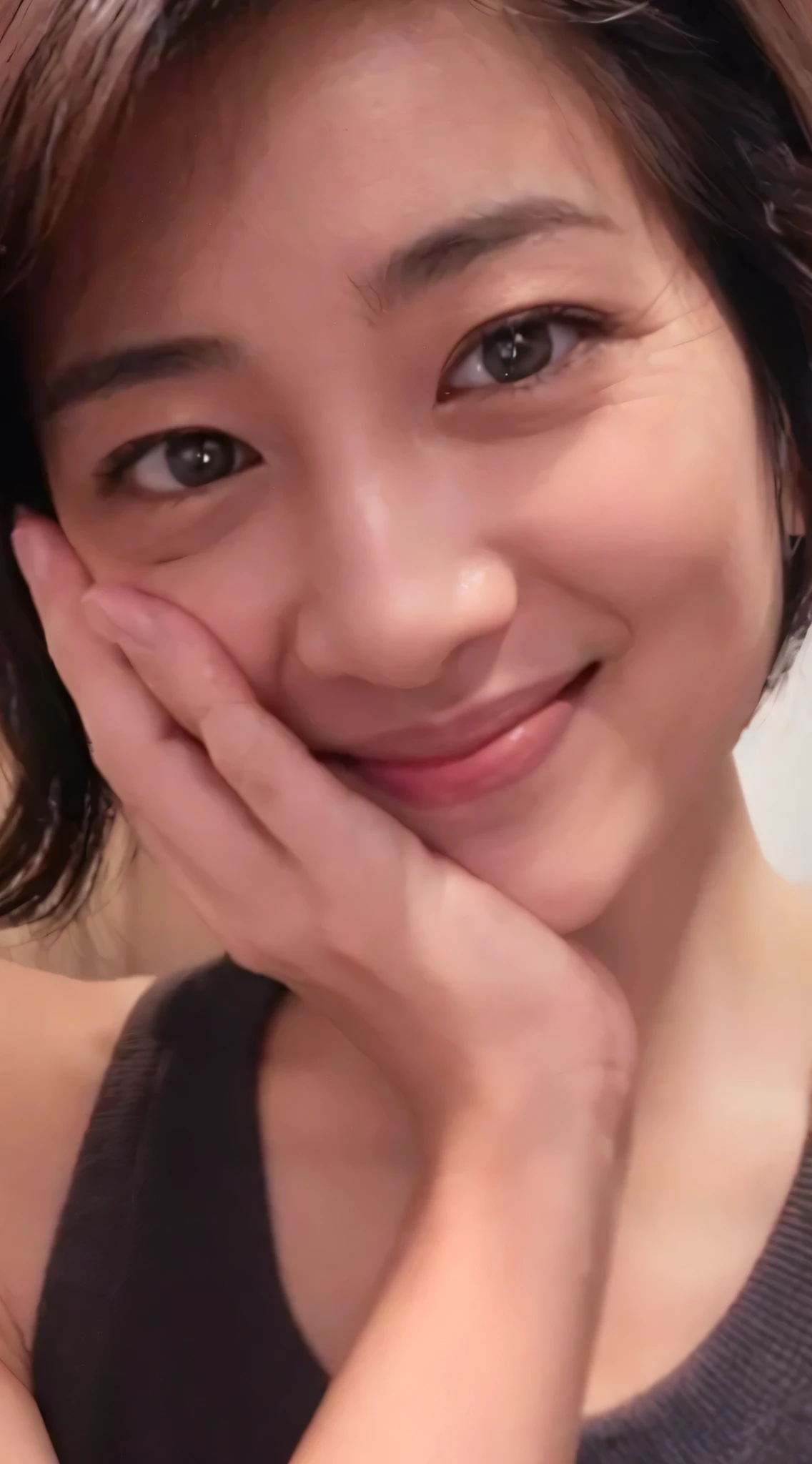 A 40-year-old Japanese woman is smiling and resting her chin on her hand,Raw photo, 最high quality), (Realistic, photo-Realistic:1.2), 1 Girl, high quality, (High definition skin:1.4), Puffy eyes, Gorgeous Hair, (Dark Room:1.3), (Rim lighting:1.3), (It's dim:1.3), (Dark Night:1.3), Indoors,, Black Hair, Dark Background, short hair,