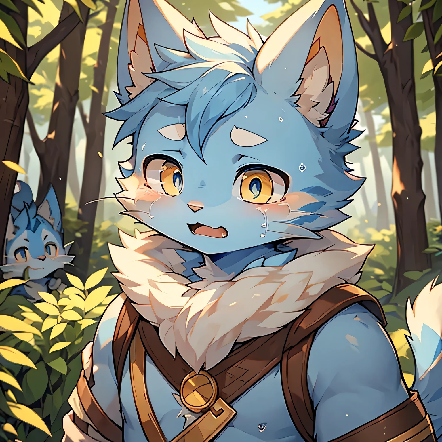 The only person，(Male cats:1.5), (blue skin:1.3), hairy，(Light blue fur:1.3),((Golden pupils)) ,(White ears),(hairy animal ears)，Covered with hair，Wear adventurer's clothes，Standing，Behind it is the forest，Delicate face，Delicate eyes，With tears，Perfect sunshine，Face Focus，Crying emoticon，Crying with mouth open